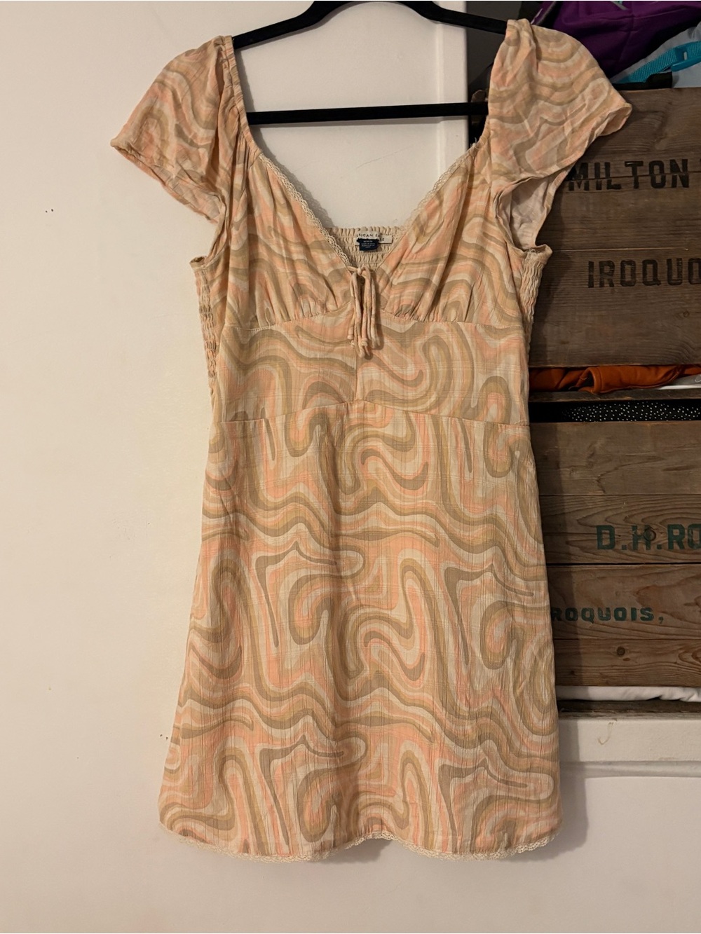 American Eagle Peach Abstract Swirl Flutter-Sleeve Corset Mini Dress Size Medium